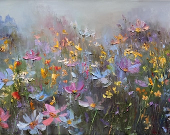 Textured Wildflower Meadow Oil Painting, Impressionist Floral Canvas Wall Art by Gita Dinbire
