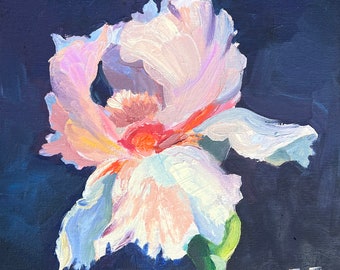 Roze iris olieverfschilderij origineel helder licht beiges op donkere achtergrond impressionistische beeldende kunst huwelijkscadeau voor haar vrouwelijke vrouw door E.Birzkalne