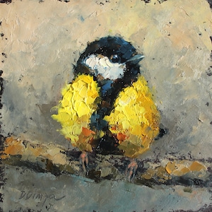 Pintura original a óleo de pássaro Great Tit em papelão Arte de Daiga Dimza Arte de parede belo presente para sua arte em miniatura