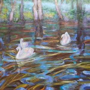 Large Pond Swan Painting Original Oil Landscape water reflections Impressionist art texture wall decor by Inga Ledina handmade artwork