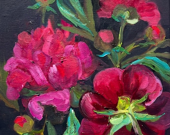 Original peony painting, botanical moody artwork for cottagecore, romantic floral gift by Elina Birzkalne