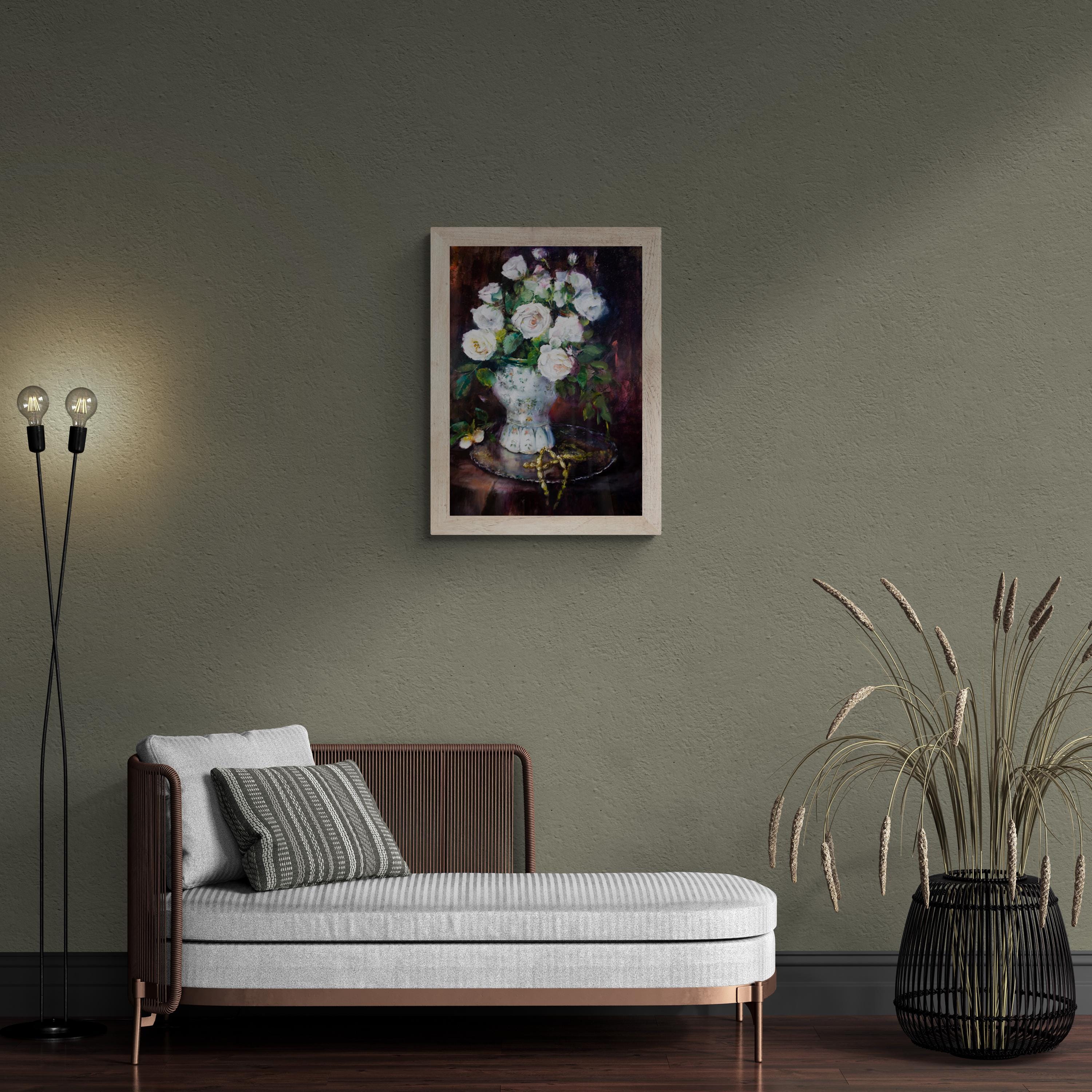 オリジナルの白いバラの油絵 - キャンバスに描かれた花の静物画