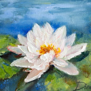 Lirio de agua pintura original lienzo al óleo sobre cartón hermosa textura de flor decoración de pared brillante por Gita Dinbire Arte impresionista regalo único
