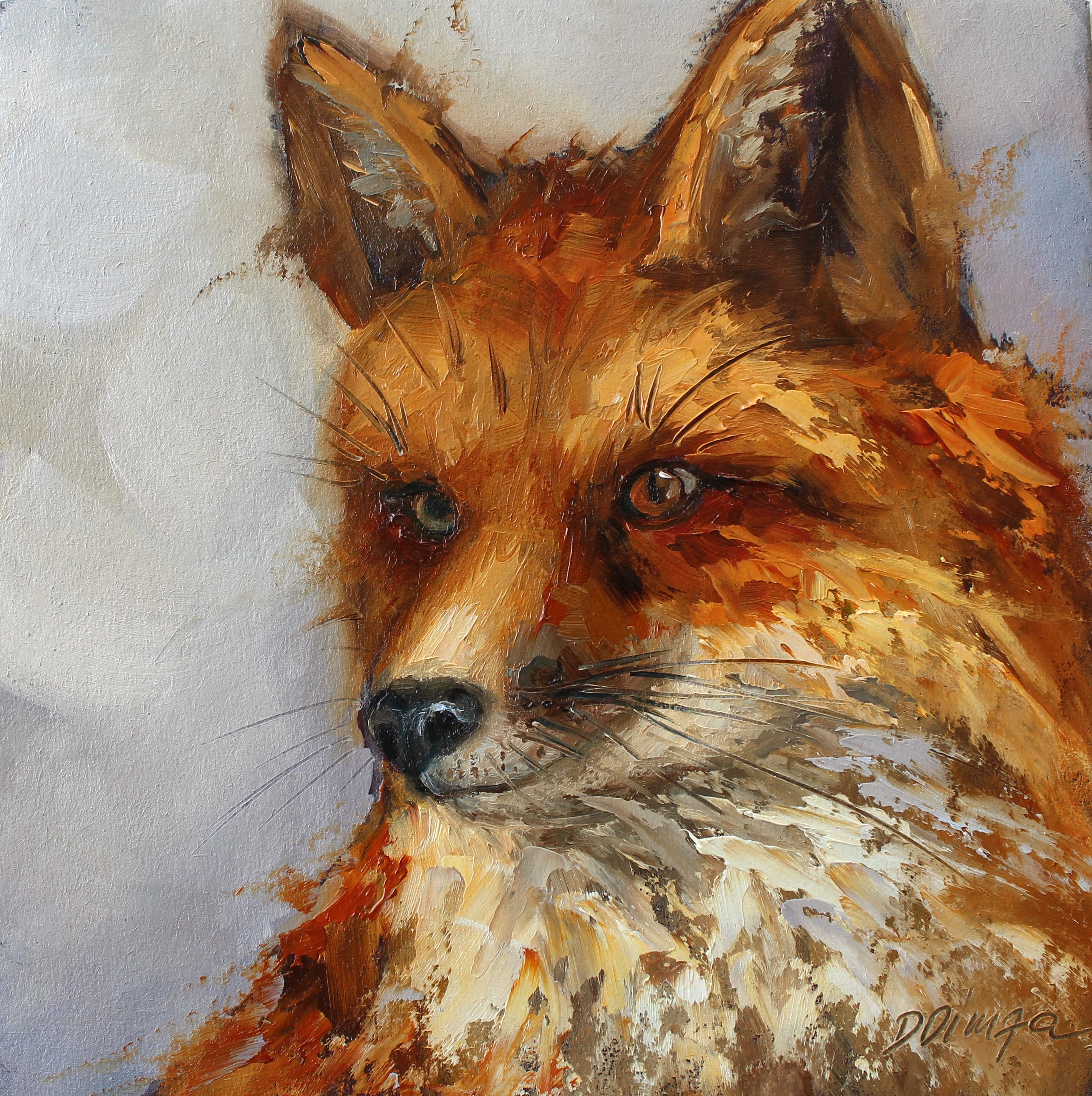 Fox Oil Original Painting on Cardboard Texture Art by Daiga Dimza