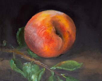 Perzik schilderij origineel olie canvas oranje donker helder fruit mini muur decor van Gita Dinbire elegant cadeau voor vrouwen handgemaakte kunstwerken