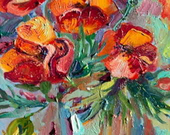 Vase coquelicot original peinture à l'huile sur toile par Ieva Neikena Art impressionniste texture fleurs rouges colorées lumineuses cadeau pour femme fait main