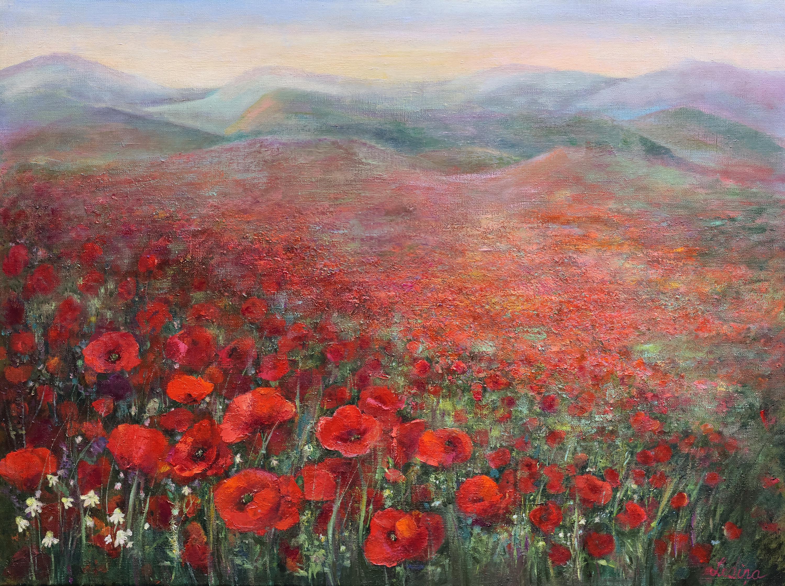 ポピーの草原のオリジナル油絵、明るい質感の風景、赤い花、インガ