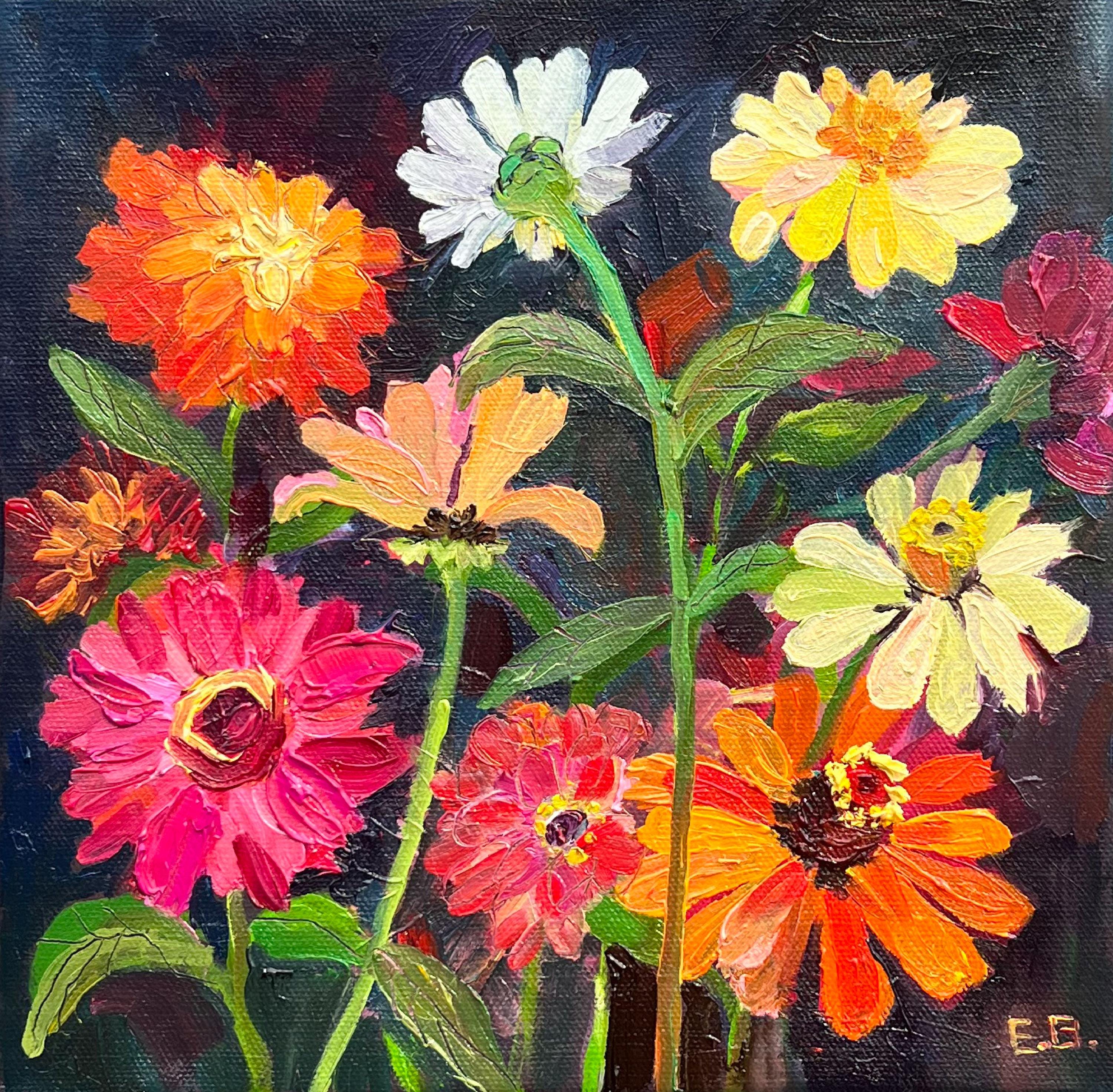 Zinnias Flowers Original Oil Painting Colorful Floral Bright Red