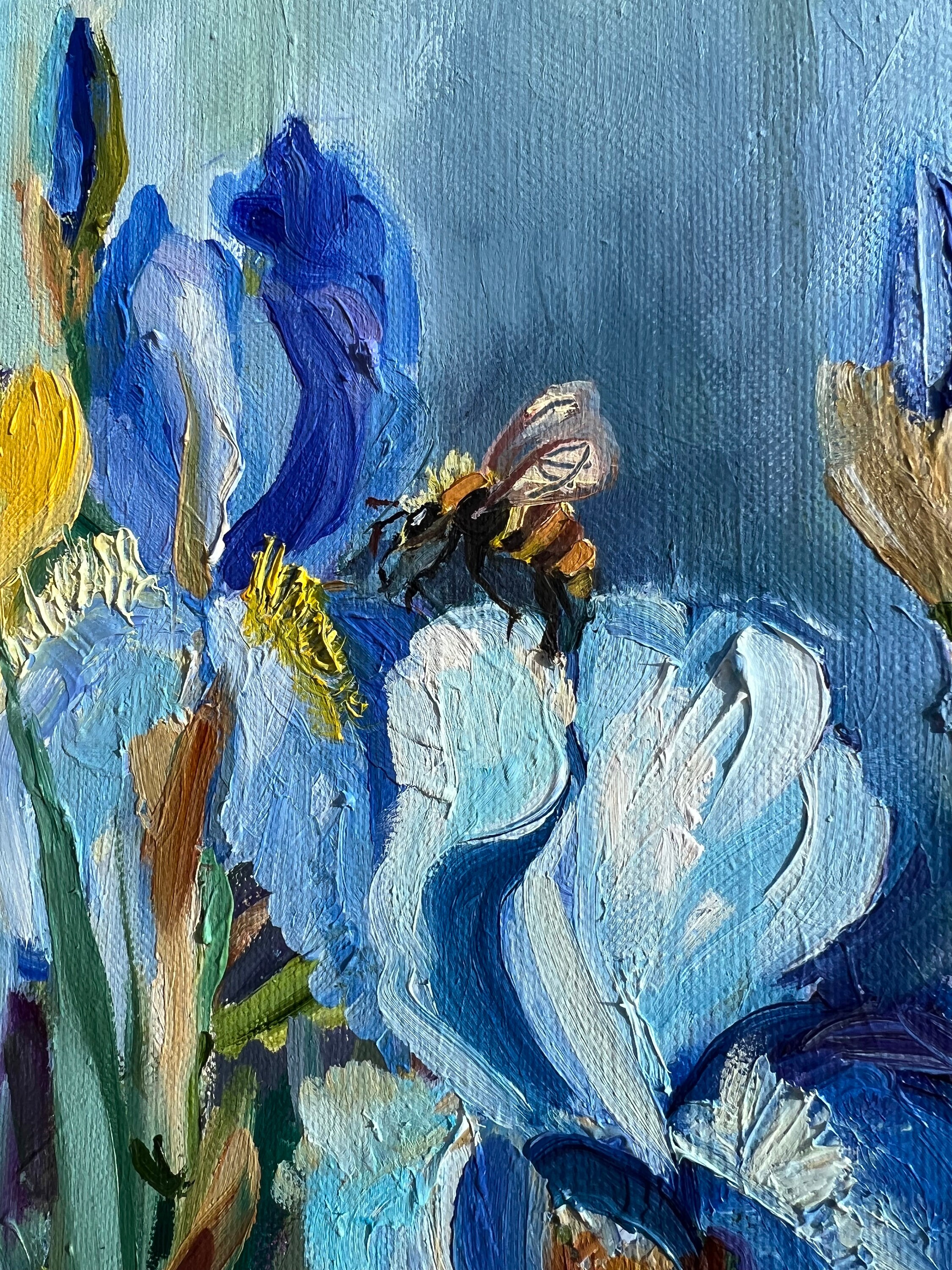 Iris Flowers Oil Painting Original ART Impressionist Textured Floral Meadow  Gift Blooming Yellow Blue Flowers Honey Bee by Elina Birzkalne - Etsy  Ireland