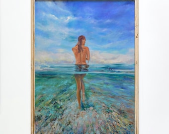 Pintura al óleo original de 60 x 80 cm – Mujer en el mar, arte figurativo marino de Inga Ledina