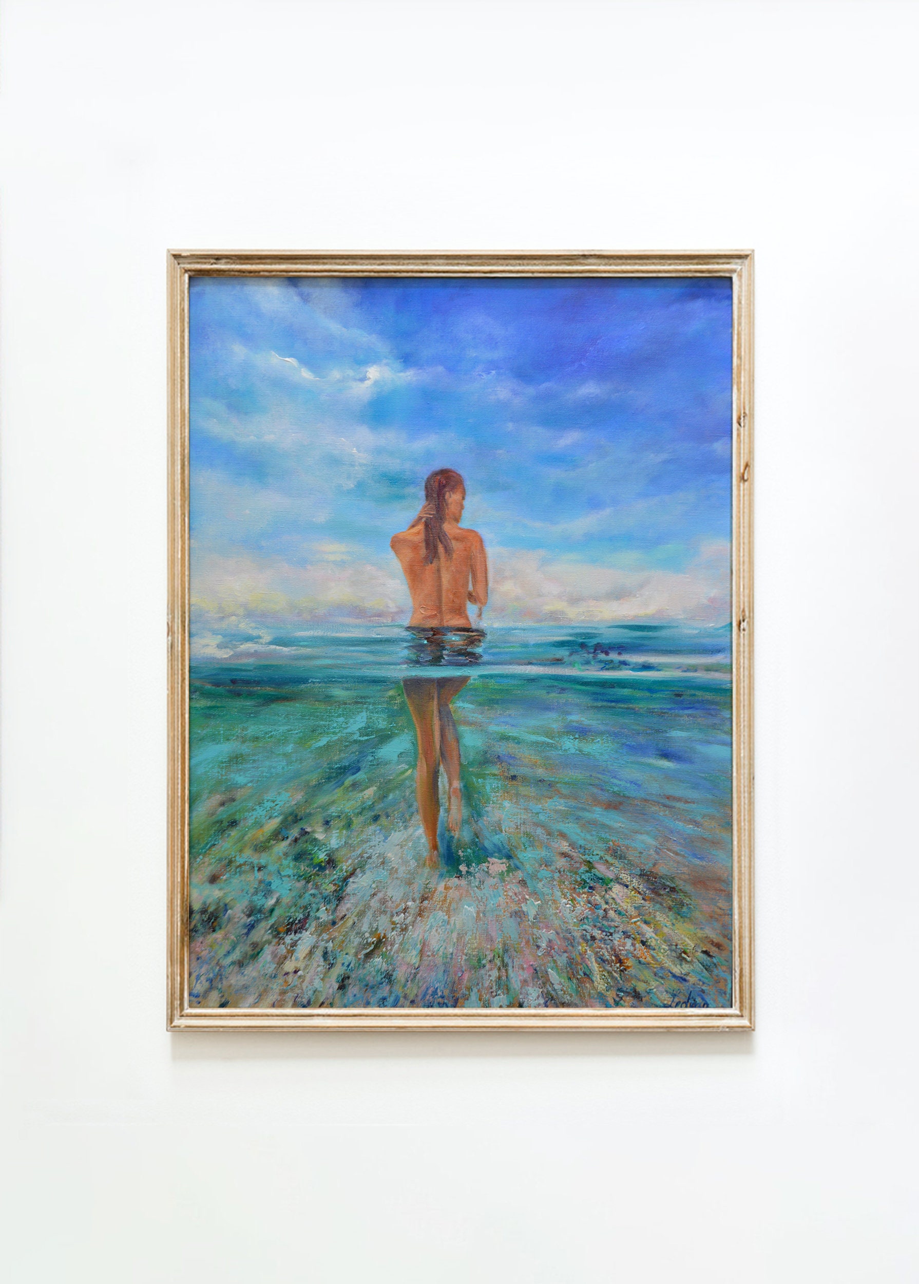 Woman Swim Painting Canvas Original Naked Model Sea Beach