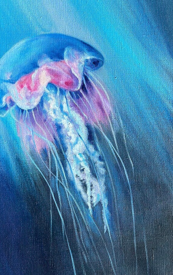クラゲの絵画 オリジナル油絵 海洋生物の絵画 ブルーキャンバス 深海