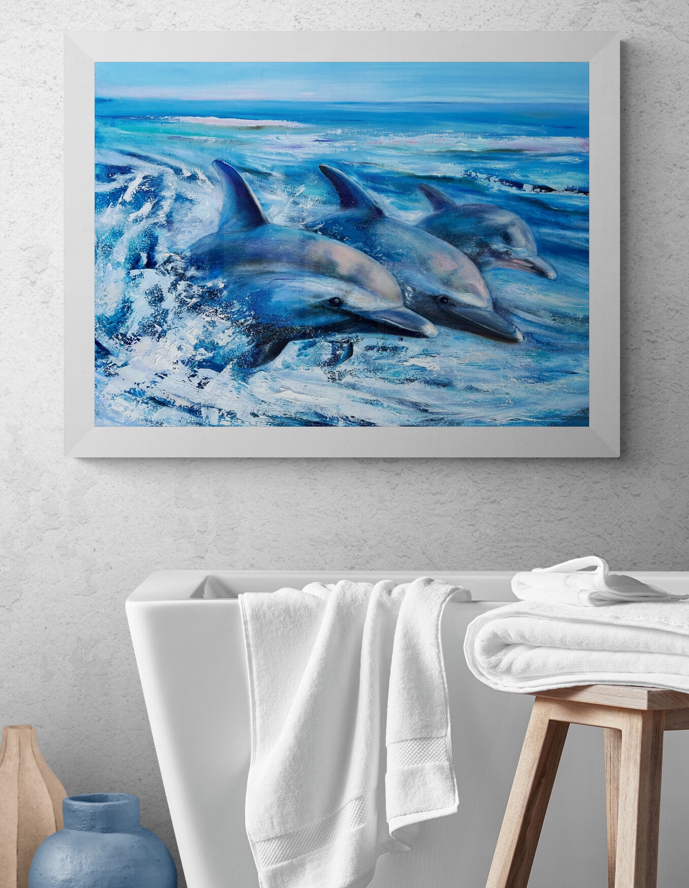 Blue Dolphin Family Seascape Original Oil Painting on Canvas