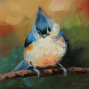 Pássaro Tufted Titmouse pintura a óleo original sobre papelão Texture Art por Daiga Dimza Arte de parede belo presente para ela Arte em miniatura