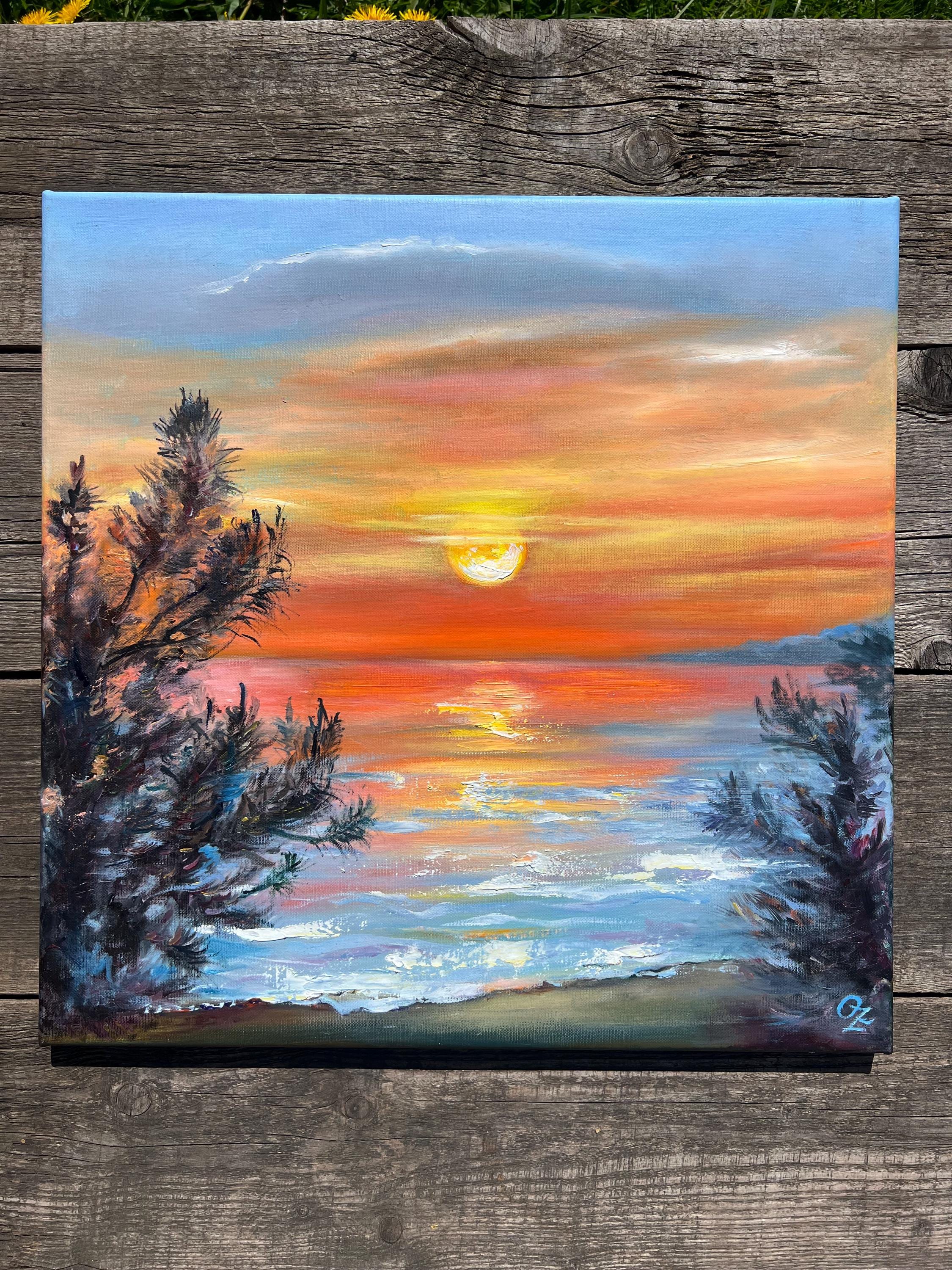 Orange Sunrise Oil Painting: Seascape Impressionist Art, 19.68