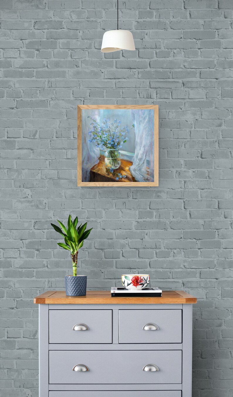 Vase de fleurs sauvages, peinture originale à l'huile de fleurs bleu clair, bouquet de nature morte myosotis par Gita Dinbire, cadeau d'art impressionniste image 6