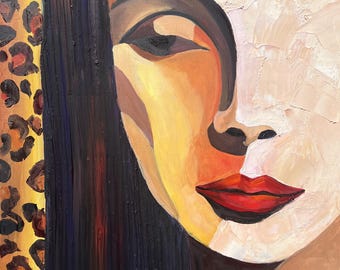 Abstract Woman Portrait Art, Modern Painting, Minimalist Wall Decor, Contemporary Canvas, Neutral Beige Artwork, Scandinavian Home Decor
