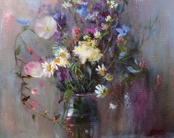 Original Oil Painting 40x50 cm, Wildflower Bouquet, Floral Still Life, Impressionist Flower Art, Gita Dinbire Original Artwork