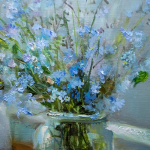 Vase de fleurs sauvages, peinture originale à l'huile de fleurs bleu clair, bouquet de nature morte myosotis par Gita Dinbire, cadeau d'art impressionniste image 2