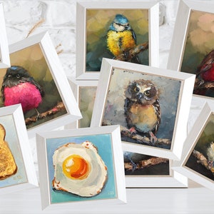 Pintura al óleo original personalizada de pájaros, animales, frutas, alimentos y flores, arte abstracto colorido brillante, obra de arte en miniatura para colgar en el hogar, regalo moderno
