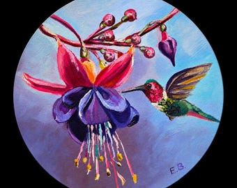 Humming bird in fuchsia Original oil painting bright blooming textured small round Canvas Art Wall decor by Elina Birzkalne