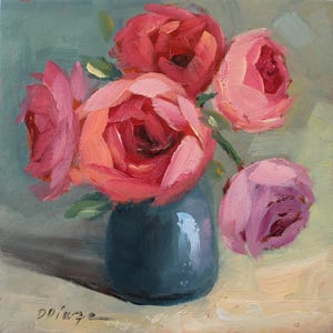 Pintura a óleo original de peônias de Daiga Dimza em papelão, flores desabrochando, arte impressionista floral, arte da natureza, presente para ela