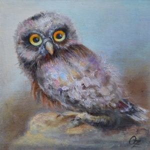 Vogeluil olieverfschilderij op canvas karton origineel mooi wanddecor voor kinderkamer door Olga Zaikovska mini-kunstwerk impressionistische kunst cadeau