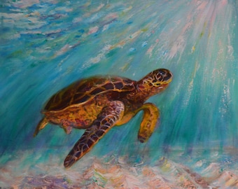 Meeresschildkröte Ölgemälde auf Leinwand, impressionistische Nautik-Kunst von Inga Ledina
