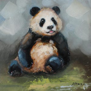 Panda oil original painting on cardboard Texture Art by Daiga Dimza Wall art fine gift for her for kids Miniature artwork Palette knife