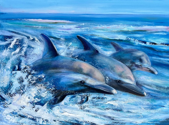 Blue Dolphin Family Seascape Original Oil Painting on Canvas Blue