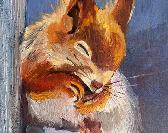 Squirrel Original oil Painting Animal wall Art small nature artwork on canvas 18 x 24cm by Elina Birzkalne