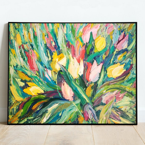 Fleurs peinture à l'huile originale tulipes été coloré jardin abstrait art impressionniste couteau à palette décoration murale cadeau pour elle par Ieva Neikena