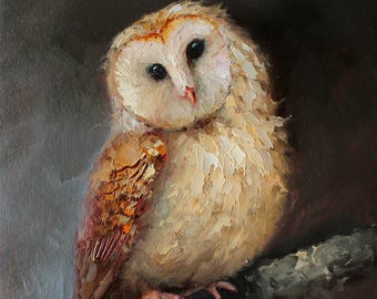 Owl Oil Painting by Daiga Dimza, Small Bird Art on cardboard, Textured Palette Knife Original Rustic Wall Decor, Miniature Artwork