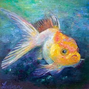 Pintura de peixe dourado original, tela a óleo em papelão, textura colorida, arte subaquática, decoração de parede para berçário, por Inga Ledina, presente artesanal