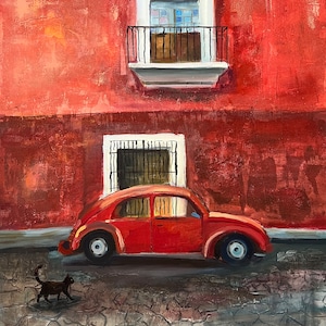 Red car Original Oil painting Antique Vintage automobile  black cat red wall art Urban painting bright canvas décor Retro Art by E.Birzkalne
