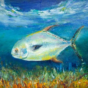 Pintura original de peces con permiso, lienzo al óleo sobre cartón, mini textura, arte náutico impresionista, decoración de pared, regalo para pescador de Inga Ledina