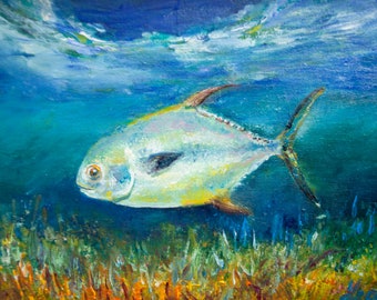 Permit fish painting original oil canvas on cardboard mini texture nautical Impressionist art wall decor gift for fisherman by Inga Ledina