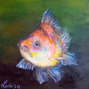 Peixe pintura original tela a óleo em papelão textura colorido brilhante peixe dourado mini arte Arte impressionista de Inga Ledina para presente de berçário