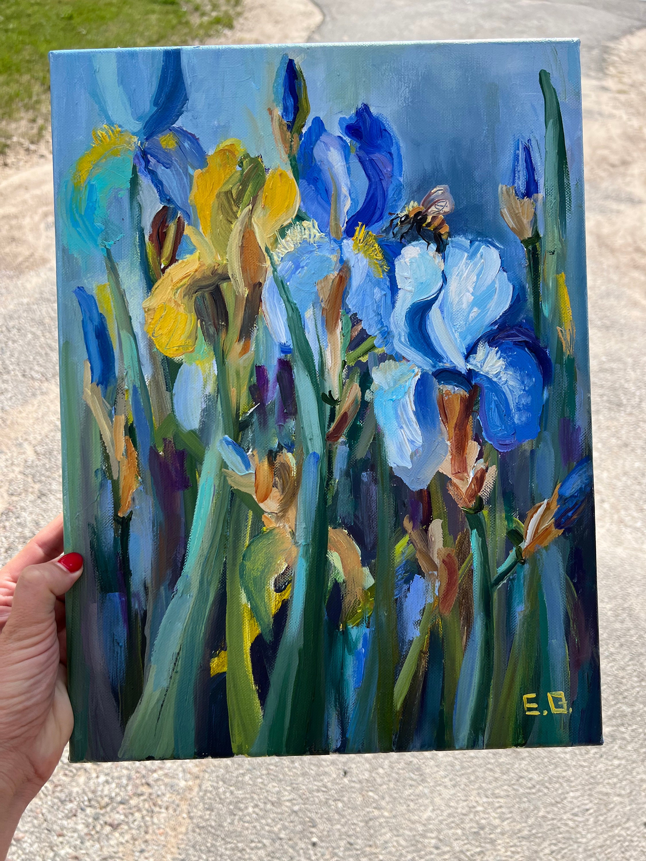 Iris Flowers Oil Painting Original ART Impressionist Textured Floral Meadow  Gift Blooming Yellow Blue Flowers Honey Bee by Elina Birzkalne - Etsy