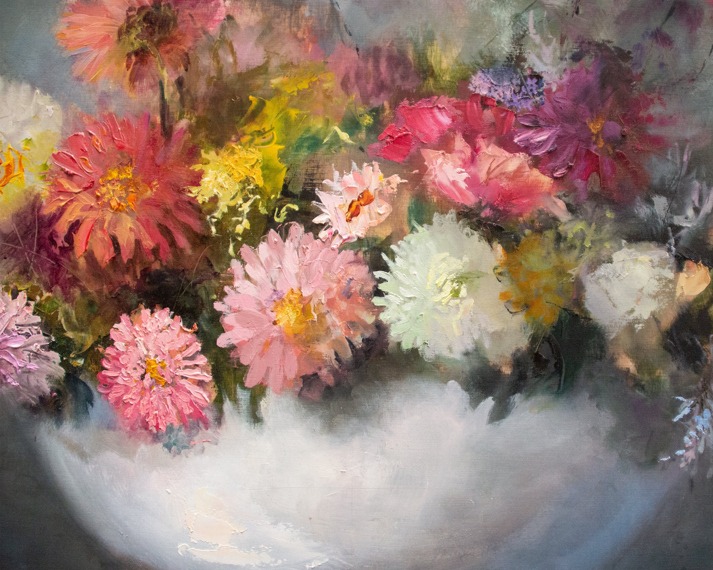 大型　油彩画 花瓶の花 　インテリア 大きな油絵 オリジナルフラワー アスター 花瓶 静物画 ブーケ 壁