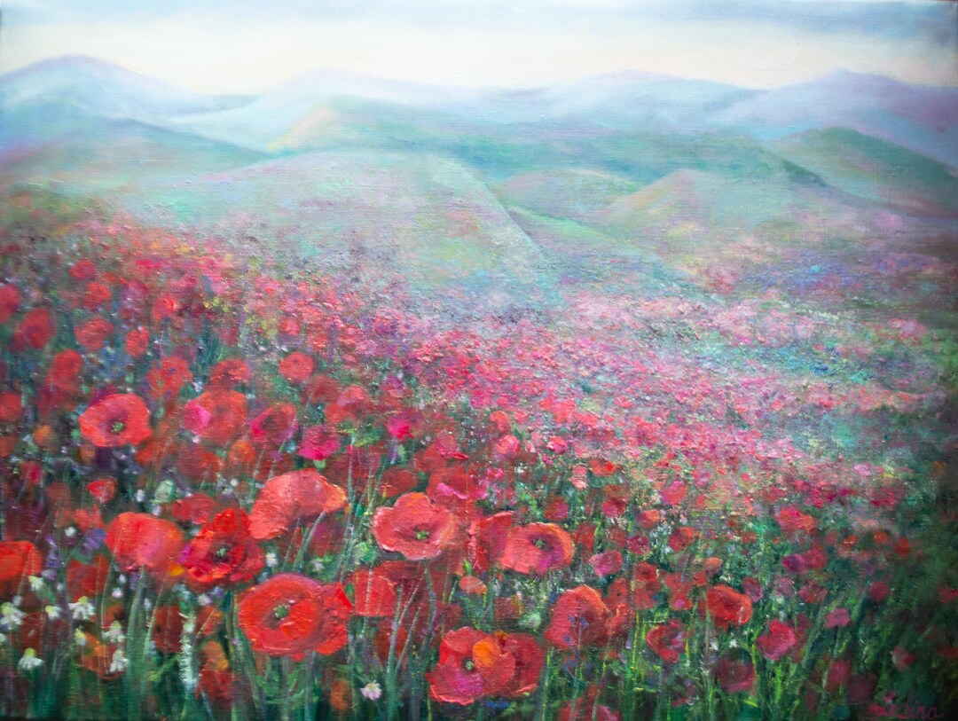 Poppy Meadow Original Oil Painting Bright Texture Landscape Red Flowers ...