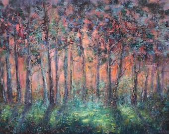Bosque místico al atardecer – Pintura al óleo original, paisaje boscoso melancólico de Inga Ledina