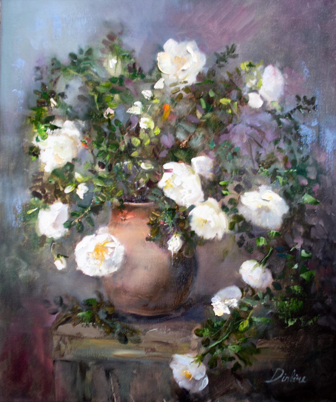 Original Oil Painting White Wild Roses in Vase Vintage Floral Still ...