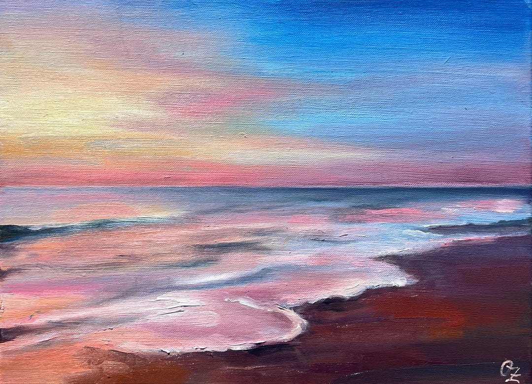 Pink Sunset Seascape Original Oil Painting on Canvas Textured Abstract ...