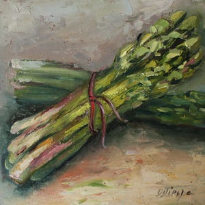 Pintura original de aspargos em óleo sobre papelão, arte texturizada de Daiga Dimza, horta, presente de arte de parede para ela, arte em miniatura
