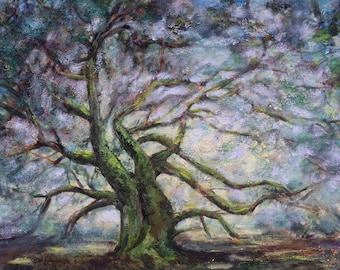 Original Oil Painting Enchanted Old Tree – Impressionist Fantasy Landscape Wall Art 80x60cm by Inga Ledina