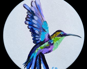 Humming bird on silver background Original oil painting bright  textured small round Canvas Art Wall decor by Elina Birzkalne
