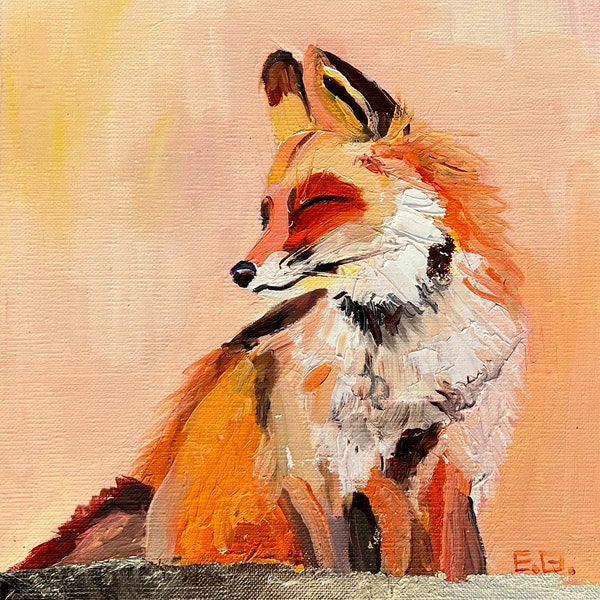 Original Custom Happy Red Fox oil painting Canvas with gold Wall decor Gift handmade fine art Fox Artwork by Elina Birzkalne