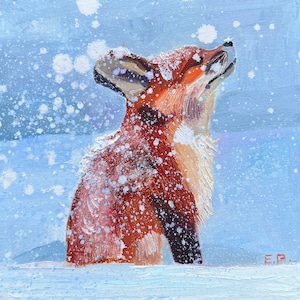 Pintura al óleo original personalizada de zorro rojo, nieve en invierno, arte de pared navideño, dibujo de animal realista, decoración de pared de guardería por Elina Birzkalne
