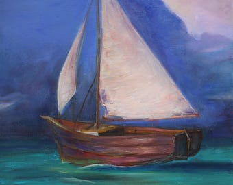 Impressionist Sailboat Oil Painting on Linen Canvas – Coastal Wall Art by Inga Ledina